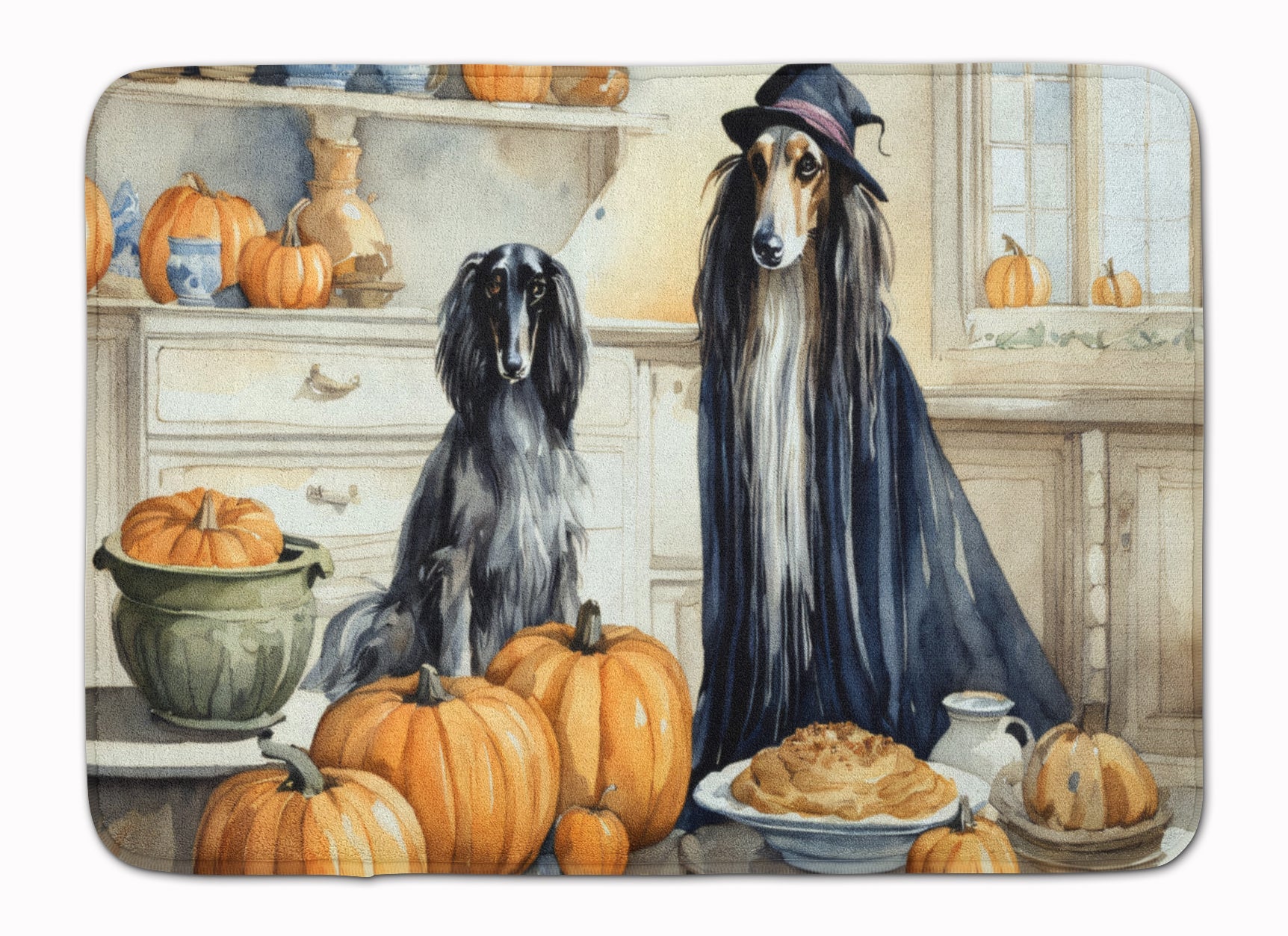 Afghan Hound Autumn-Themed Memory Foam Kitchen Mat with Pumpkin Design
